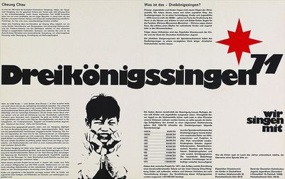 Ein Plakat für das Sternsingen von 1971. Das Plakat ist schwarz- weiß. In der Mitte steht Dreikönigssingen´71. Auf de,m Plakat steht viel Text der die Aktion näher erklärt.