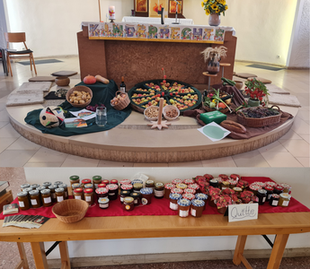 Unter dem Motto „Gottes gute Gaben – gerecht geteilt“ feierten wir in St. Johann Rimschweiler einen Familiengottesdienst zum Erntedank.

Im Mittelpunkt standen dabei nicht nur die Gaben der Erde, sondern auch die Rechte von Kindern weltweit: auf gesunde Ernährung, Bildung, Schutz und eine gute Zukunft. Unter dem Dreiklang „Danken · Teilen · Weitertragen“ wurde deutlich, dass aus Dankbarkeit auch Verantwortung wachsen kann.

Im Anschluss hatte die kfd St. Peter Ixheim selbstgekochte Marmeladen vorbereitet – Früchte des Sommers, im Glas bewahrt und zum Teilen bestimmt. Die Marmeladen wurden gegen eine Spende für die Jubiläumsaktion „180 Jahre Sternsinger“ abgegeben.

So wurde aus unserem Erntedankfest zugleich ein kleines Zeichen dafür, Gottes gute Gaben weiterzugeben und sich gemeinsam für Kinder weltweit starkzumachen. // © G. Schmidt