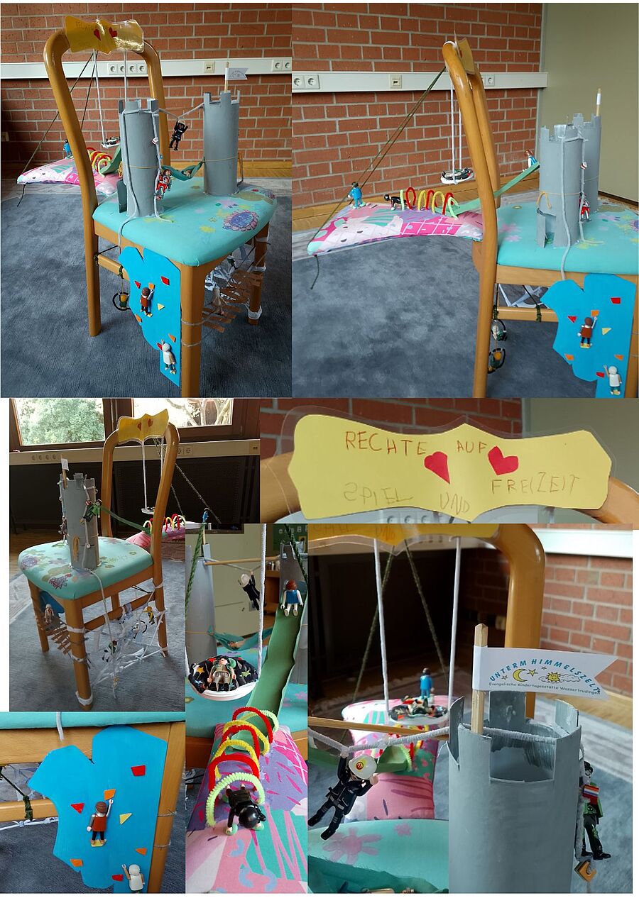 Wir sind eine inklusive Einrichtung, die das Konzept von Teilhabe und Förderung auf höchstem Niveau lebt. Unser Spielplatz-Stuhl ist mehr als ein Möbelstück – er ist ein Zeichen für das Kinderrecht auf Spiel und Freizeit.

Warum wir gewinnen sollten: In all unseren Bemühungen spüren wir täglich wie viel Mühe, Herzblut und Kreativität in unsere Arbeit fließen. Noch nie haben wir eine Auszeichnung gewonnen, obwohl wir hinter jeder Ecke neues Staunen und Lernen sehen. 

Unser Kindergarten lebt das, was wir auf dem "Spielplatz" zeigen:

- Türme zum Hochklettern und Rutschen
- Eine Vogelnestschaukel
- Eine Zugbrücke der besonderen Art
- Kriechtunnel, eine kleine Kletterwand, ein Spinnennetz und diverse Kletterseile
- Eine Wackelbrücke

Der Stuhl ist bunt, kreativ und voller Bewegung – genau wie wir. Er erinnert uns daran, wie wichtig Spiel und Freizeit für Kinder sind. Jedes Lachen, jeder Blick motiviert uns weiter.

Was der Stuhl symbolisiert:

Kinderrechte sichtbar machen: Spiel- und Freizeitliegen im Zentrum des kindlichen Lebens.
Inklusive Vision: Alle Kinder finden Platz, Freude und Sicherheit im Spiel.
Bildung durch Bewegung: Spielräume als Lernlandschaft erkennen und nutzen.

Wir möchten zeigen, dass inklusives, kindgerechtes Spielen keine Ausnahme, sondern Standard ist – und dass wir als Einrichtung das höchste Niveau an Engagement, Vielfalt und Lebensfreude liefern.

Es hat uns riesig Spaß gemacht den Stuhl zu kreiern. Die Kinder konnten kaum noch aufhören den Stuhl mit liebevollen Details zu erweitern :)
Liebe Grüße aus Wassertrüdingen - die Kita "Unterm Himmelszelt" // © Fröschegruppe der Kita "Unterm Himmelszelt"