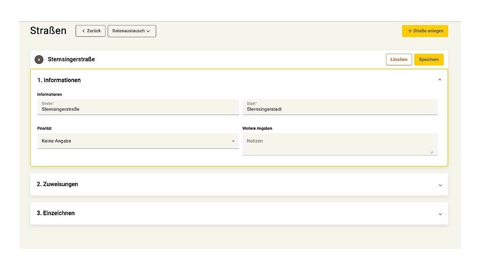 Screenshot App-Zentrale Straßen-Rubrik