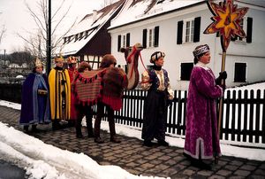 Eine Gruppe von sieben Sternsingern zieht von Haus zu Haus. Zwei der Sternsinger sind sogar als Kamel verkleidet. Die Heiligen Drei Könige laufen ganz hintern und der Stern geht ganz vorne.