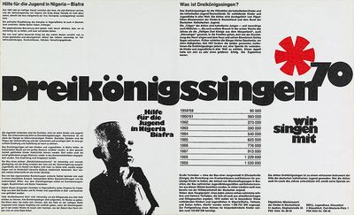 Ein Plakat für das Sternsingen von 1970. Es ist größtenteils schwarz Weiß. In der Mitte ist der Schriftzug "Die Sternsinger". Gesammelt wurde für die Jugendlichen in Nigeria.