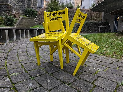 Unsere 3 Plätze stehen in den an unserer Aktion beteiligten Kirchen, in St. Matthäus, in der evangelischen Lutherkirche und in der ev. Kirche Dahle. Überall soll klar sein, dass bei uns viel Platz für Kinderrechte ist. // © Lena Boldt