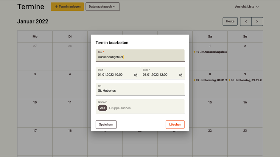 Screenshot App-Zentrale Kalender