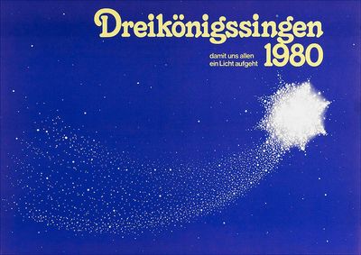 Ein Plakat der Sternsinger aus dem Jahr 1980. Dieses Plakat ist dunkel blau. Überall auf dem Plakat verteilt sind weiße Punkte in verschiedenen Größen. Die Punkte sind so angeordnet, dass der Eindruck entsteht man blicke auf einen Sternenhimmel. Im Zentrum bilden die Sterne eine große Sternschnuppe. In der Kopfzeile des Plakats steht Dreikönigssingen 1980 und danach der Slogan:  Damit uns allen ein Licht aufgeht. 