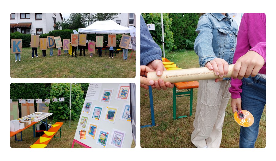 Beim Fronleichnamsfest der Pfarrgruppe Groß-Gerau/Büttelborn waren die Sternsinger und Sternsingerinnen der Gemeinden mit einem eigenen Stand vertreten. Mittendrin: Der Staffelstab, um den herum u. a. Statements von Kindern aus aller Welt zu lesen waren oder bei einem Voting über die wichtigsten Kinderrechte mitgemacht werden konnte. // © Tobias Sattler / Sternsingeraktion Groß-Gerau/Büttelborn