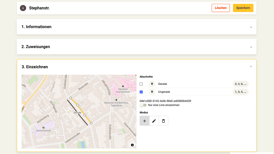 Screenshot App-Zentrale Straßen-Rubrik